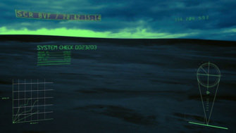 Digital image with graphs, figures and text reading 'System Check' overlayed upon a desolate and flurescent landscape