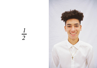 A portrait of a young man smiling, next to an image of a 'half' (1/2) fraction