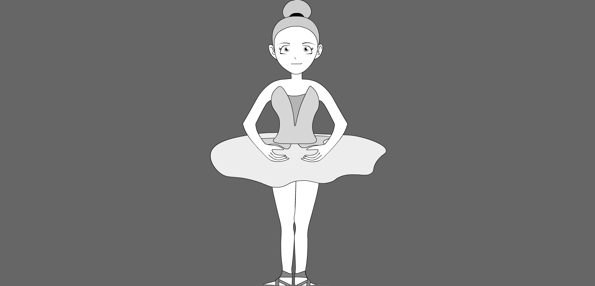 Black and white illustration of a girl in a ballet costume standing in the first position