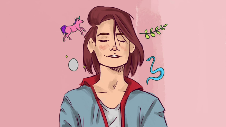 Illustration of a woman with her eyes closed and small objects floating around her head