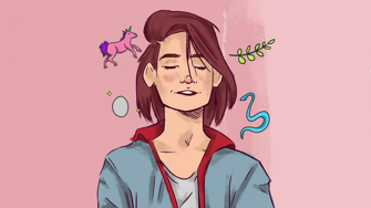 Illustration of a woman with her eyes closed and small objects floating around her head