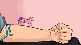 Illustration of a small pink unicorn running along someone's arm
