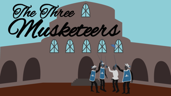 Illustrated title sequence of four figures in front of a building facade