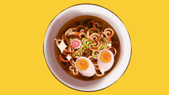 Still from an animation, showing a top down down bowl of ramen with boiled eggs and spring onion 