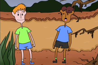 Two animated teenagers talking by a muddy river