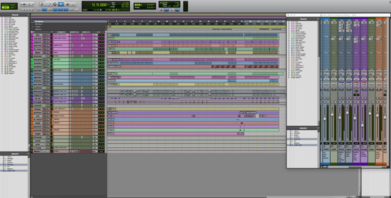 Screenshot of Pro Tools file, showcasing different coloured audio tracks 