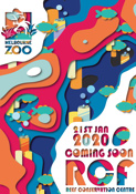A cartoonishly illustrated pink, blue, orange and yellow poster showing rivers and fish advertising the Melbourne Zoo reef conservation centre