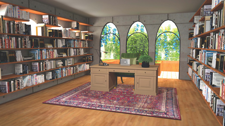 A large desk on a red rug in the middle of a bright room lined with bookshelves