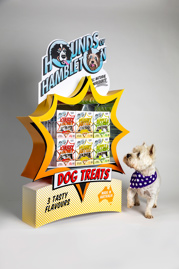 A small west highland white terrior turns to observe a large pop-art point-of-sale display with shelved boxes of dog treats