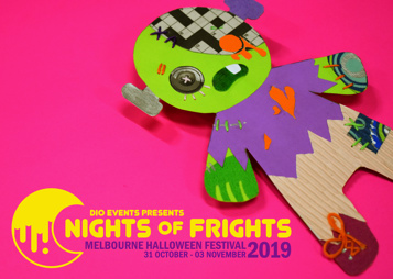 Promotional material for a Halloween event called 'Nights of Frights'. A spooky handmade doll made from carboard and buttons is pictured on a bright pink background with bold yellow and blue text