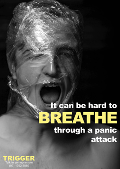 Poster shows black and white image of a girl with shrinkwrap around her face, with mouth open.  Main text reads 'It can be hard to breathe through a panic attack'