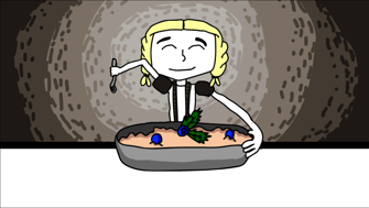 An animted Goldilocks happily eating a large bowl of porridge with berries