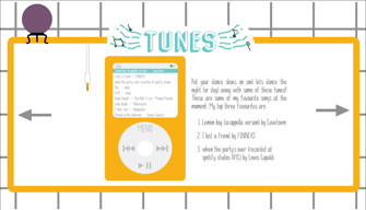 Webpage with the heading Tunes in blue font above a large drawing of an ipod