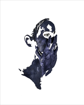 A profile view of a girl whose hand is clasped around her face tightly, covering her nose and mouth. Large areas of the image have been edited out, leaving shapes that make the photograph appear more like brushstrokes on a painting. The image is dark blue against a white background.