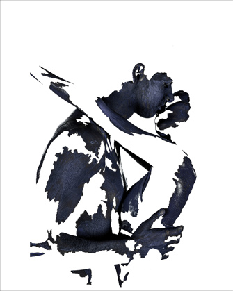 A tall boy bends down to kiss a girl while holding onto her waist. She has her arms outstretched around his neck. Large areas of the image have been edited out, leaving shapes that make the photograph appear more like brushstrokes on a painting. The image is dark blue against a white background.