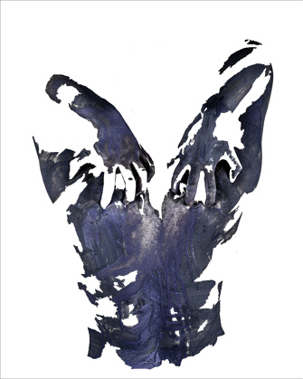 An image of a person's back. They are reaching up over their shoulders to angstily grab their back. Large areas of the image have been edited out, leaving shapes that make the photograph appear more like brushstrokes on a painting. The image is dark blue against a white background.