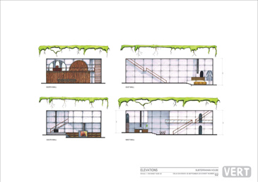 Artist's front, rear and two side renders of a subterranean home