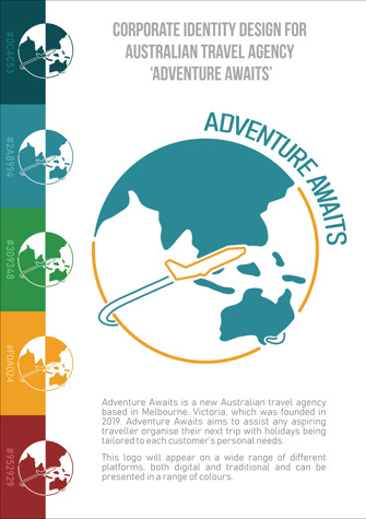 Poster shows digital illustration of a yellow aeroplane flying around the world and reads 'Corporate identity design for Australian travel agency - Adventure Awaits'