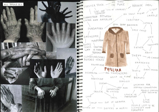 Page of photographs, notes and illustrations about a prop design process 