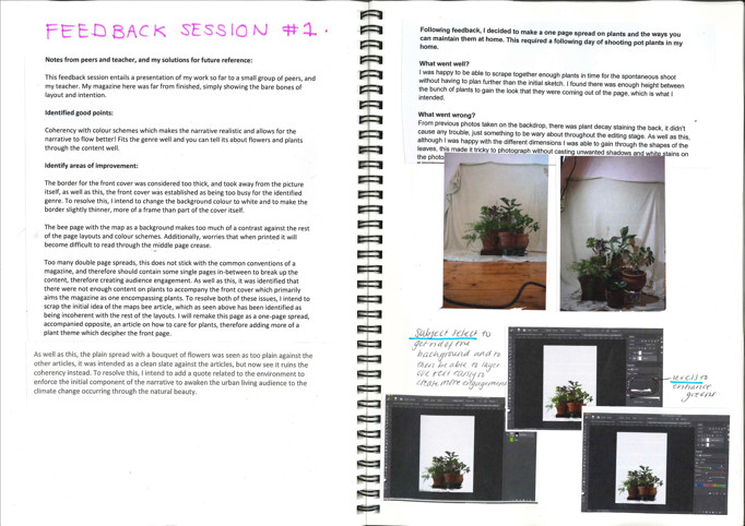 A double page from a spiral bound student design folio that shows typed notes about the feedback on the work, The right hand page has five pot plants that have been photographed in differing light and made into a digital image that has been manipulated to remove the background. 