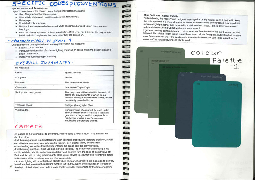 A page from a student design folio that shows codes and conventions and colour palette options