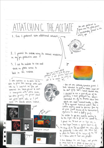 A page from a student design folio that shows handwritten annotations and sketch drawings of the process of a multiple layered image using acetate. The image explored the students thought process with notes