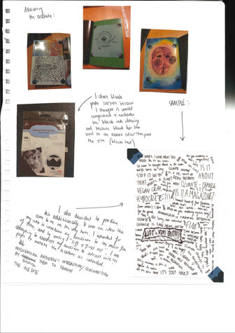 A page from a student design folio that shows photographs and handwritten annotations and sketch drawings of the process of a multiple layered image using acetate in a sketchbook. The image explores the students thought process with notes