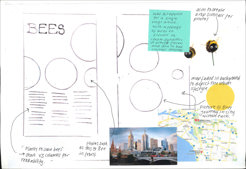 A double page from a spiral bound student design folio that shows layouts of a magazine hand drawn with annotations and with collage of images, including a map of Melbourne, picture frames, fuzzy cartoon bees and pansy flowers