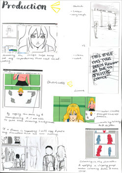 A page from a student design folio that shows multiple hand drawn cartoon images that resemble a story board that has hand written annotation. The story board shows a girl in various scenarios in a school environment