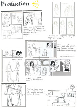 A page from a student design folio that shows multiple hand drawn cartoon images that resemble a story board that has hand written annotation. The story board shows a girl in various scenarios in a school environment