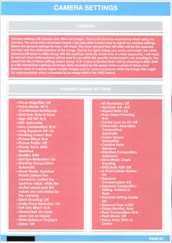 A page from a student design folio that shows the camera settings the student has used for his work