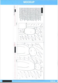 A page from a student design folio that shows a mockup of the layout of the work from left to right with block of text to the left and two images that form a horizonal composition 