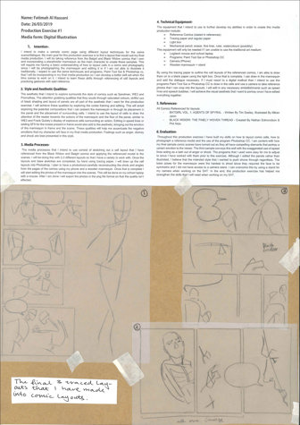 A page from a student design folio that shows the written components of the criteria that have been typed and a layout for a story board of hand drawn cartoon images in grey led pencil