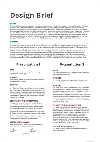 A page from a student design folio that shows a design brief for a design collective market that explores a poster and a logo update 