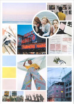 A page from a student design folio that shows a mood board in muted tones with graphic elements that show cityscapes, natural spaces and people with logos and neon signs