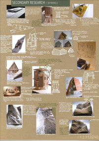 A page from a student design folio that shows architecture research with small photographs stuck onto a brown page with hand written annotations in white pen 