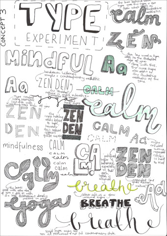 A page from a student design folio that shows type face experimentation with words like Zen den, calm mindful in black with touches of green and yellow 