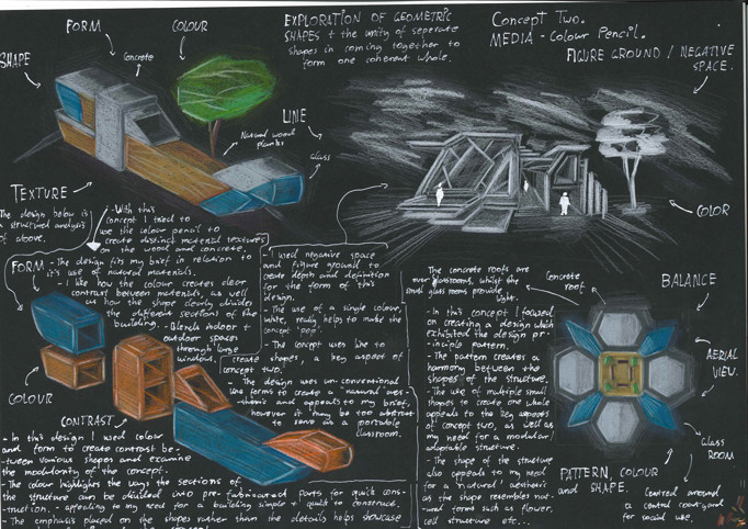 A page from a student design folio that shows four colored pencil drawings of built forms, in white, blue, brown and green on black paper with hand written annotations 