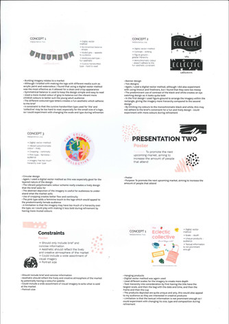 A page from a student design folio that shows the concept design and presentation of a banner and bunting design with typed notes about the refinement of the work 