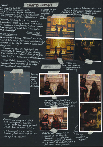 A page from a student design folio that shows trial photography trials, on black paper the colorful photographs of internal and urban environments with young people are stuck in with masking tape and have hand written annotation in white pen 