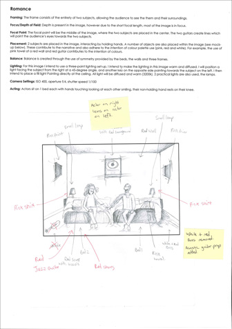 A page from a student design folio that shows typed text on the pre-production planning and a hand drawn mock up in graphic pencil with annotations