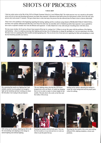 A page from a student design folio that shows shots for the production management of the works from the set up to the images. The people are covered in blue paint in front of a white background 