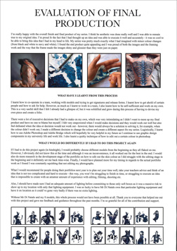 A page from a student design folio that shows a typed evaluation of the final production and includes four reference photographs in blue and skin tones and multiple small thumbnails of the final work 