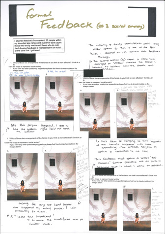 A page from a student design folio that shows a black and white photograph of a girl sitting on the ground in front of a white brick wall with shadows of hands reaching out all about her with hand written annotations about the production  