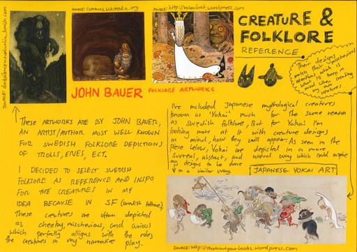 A page from a student design folio that shows inspiration for animation from Japanese contemporary and historical drawing and animation. This page is hand written annotations in black ink on Yellow paper with colorful stills from film that have been cut out and stuck on to the page 