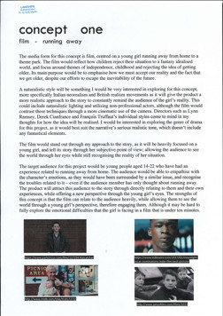 A page from a student design folio that shows typed research and four images from four films that the student has taken inspiration from in a realism style