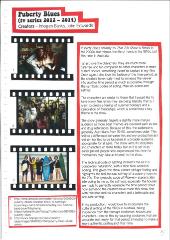 A page from a student design folio that shows three stills from films that reference 1970s Australia. The students work is on a white page with red borders behind the images and the typed text 