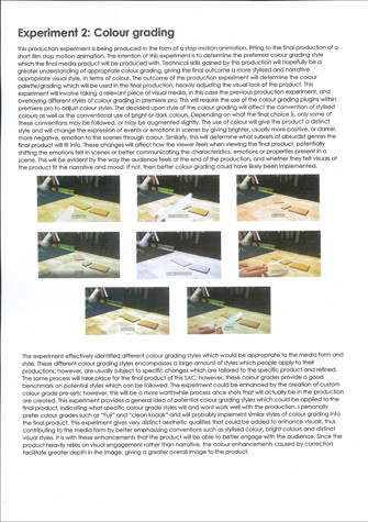 A page from a student design folio that shows the production experiments for stop motion animation color grading this image has eight thumbnail images for a test shoot and a large typed reflection on the process 