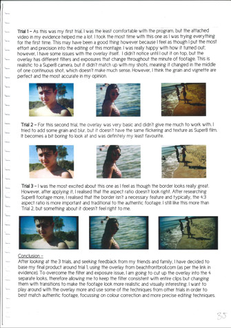 A page from a student design folio that shows nine thumbnail images of production experiments for film filter and overlays with typed annotations 