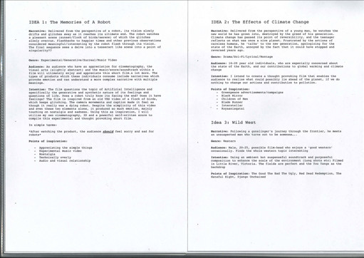 A page from a student design folio that shows three iterations of a pre-production narrative that explores audience  
